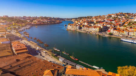 Scenic view of the Porto Old Town pier architecture over Duoro river in Porto, Portugalの写真素材