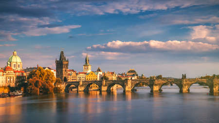 Famous iconic image of Charles bridge, Prague, Czech Republic. Concept of world travel, sightseeing and tourism.のeditorial素材