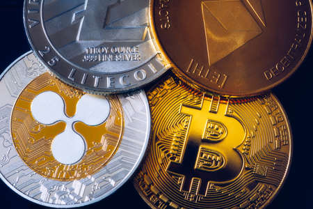 Set of cryptocurrencies with Bitcoin, Etherium, Ripple, Litecoin. Cryptocurrencys new digital money....