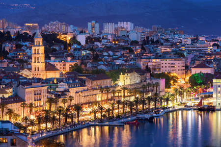 Amazing Split city waterfront panorama at blue hour, Dalmatia, Europe. Roman Palace of the Emperor...