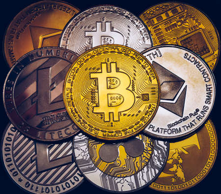 Set of cryptocurrencies with Bitcoin, Etherium, Ripple, Litecoin. Cryptocurrencys new digital money....