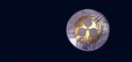 Ripple cryptocurrency (crypto currency). Silver Ripple coin with gold Ripple symbol. Ripple (XRP) cryptocurrency.の写真素材