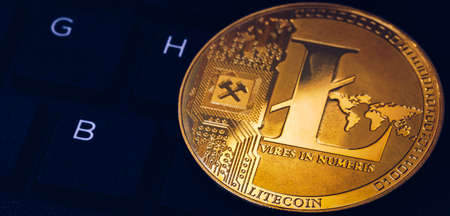 Litecoin cryptocurrency (crypto currency). Silver Litecoin coin with gold Litecoin symbol. Litecoin (ltc) cryptocurrency.の写真素材