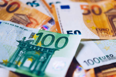 Euro money, Euro cash background. Banknotes of the european union. Euro cash. Many Euro banknotes of different values.の写真素材