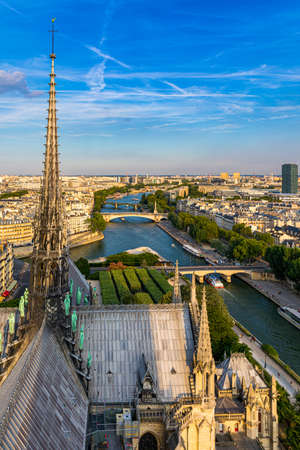 Notre Dame de Paris cathedral, France. Notre Dame de Paris Cathedral, most beautiful Cathedral in Paris. Picturesque sunset over Cathedral of Notre Dame de Paris, destroyed in a fire in 2019, Paris.の写真素材