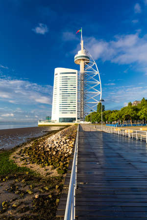 Vasco da Gama Tower in the Park of Nations. Vasco da Gama tower built for the Expo '98 (1998 Lisbon World Exposition) in Lisbon, Portugal.のeditorial素材