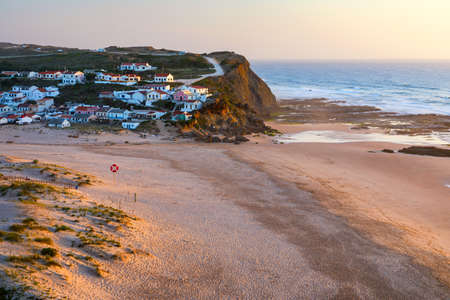 View of the Monte Clerigo beach on the western coastline of Portugal, Algarve. Stairs to beach Praia Monte Clerigo near Aljezur, Costa Vicentina, Portugal, Europe.の写真素材