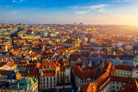 Aerial Prague panoramic drone view of the city of Prague at the Old Town Square, Czechia. Prague Old Town historical center of Prague, buildings and landmarks of old town, Prague, Czech Republic. の写真素材