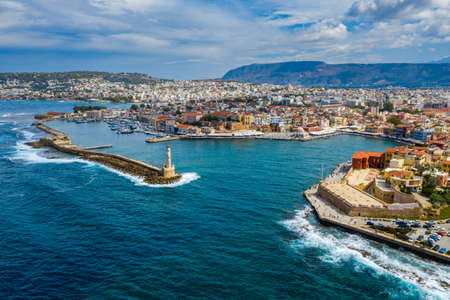 Panoramic aerial view from above of the city of Chania, Crete island, Greece. Landmarks of Greece, beautiful venetian town Chania in Crete island. Chania, Crete, Greece.の写真素材