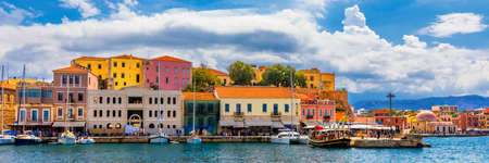 Old Venetian Harbour of Chania with fisihing Boats and Yachts in Crete, Greece. Chania, Crete,...