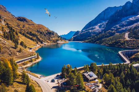 Lago Fedaia (Fedaia Lake), Fassa Valley, Trentino Alto Adige, an artificial lake and a dam near Canazei city, located at the foot of Marmolada massif. Fedaia Lake is the Province of Belluno, Italy.の写真素材