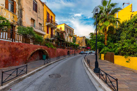 Street in the old town of Chania, Crete, Greece. Charming streets of Greek islands, Crete. Beautiful street in Chania, Crete island, Greece. Summer landscape. Chania old street of Crete island Greece.の写真素材