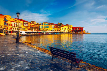 Picturesque old port of Chania. Landmarks of Crete island. Greece. Bay of Chania at sunny summer day, Crete Greece. View of the old port of Chania, Crete, Greece. The port of chania, or Hania. の写真素材