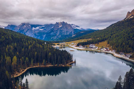 Tre Cime di Lavaredo peaks seen from Misurina lake in Dolomites, Italy in winter, Belluno-Trentino Alto Adige border. Misurina lake, Tre Cime di Lavaredo, Auronzo, Dolomiti, South Tyrol, Italy.の写真素材