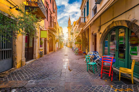 Charming streets of Greek islands, Crete. Street in the old town of Chania, Crete, Greece. Beautiful street in Chania, Crete island, Greece. Summer landscape. Travel and vacation.の写真素材