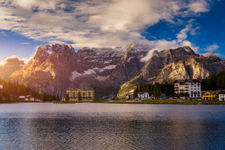 Tre Cime di Lavaredo peaks seen from Misurina lake in Dolomites, Italy in winter, Belluno-Trentino Alto Adige border. Misurina lake, Tre Cime di Lavaredo, Auronzo, Dolomiti, South Tyrol, Italy.の写真素材