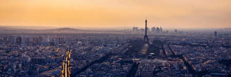 High resolution aerial panorama of Paris, France taken from the Notre Dame Cathedral before the destructive fire of 15.04.2019. The river Seine. Aerial view of Paris at sunset. Paris, France.の写真素材