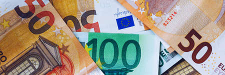 Euro money, Euro cash background. Banknotes of the european union. Euro cash. Many Euro banknotes of...