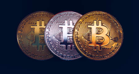Bitcoin cryptocurrency (crypto currency). Silver Bitcoin and golden Bitcoin symbol. Bitcoin (BTC)...