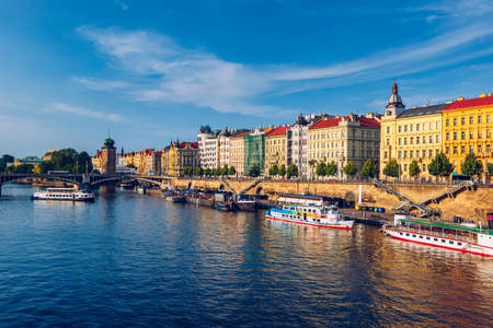 Scenic embankment in Prague city; Historical center of Prague, buildings and landmarks of old town, Prague, Czech Republic. Embankment of the Vltava river in Prague, the capital of Czechia.のeditorial素材