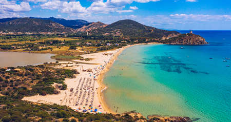 Panorama of the wonderful beaches of Chia, Sardinia, Italy. View of beautiful Chia bay and wonderful...