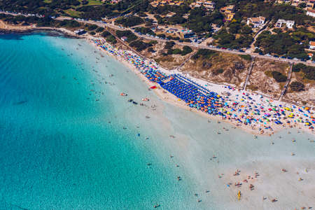 Stunning aerial view of Pelosa Beach (Spiaggia Della Pelosa). Stintino, Sardinia, Italy. La Pelosa...