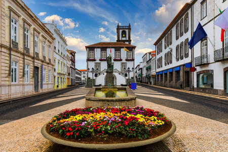 City Hall in Ponta Delgada, Azores, Portugal. Ponta Delgada City Hall with a bell tower in the capital of the Azores. Portugal, Sao Miguel. Town Hall, Ponta Delgada, Sao Miguel, Azores, Portugalの写真素材