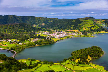 Traditional houses, Sete Cidades, Sao Miguel Island, Azores. Beautiful view of Sete Cidades village in Sao Miguel Island, Azores, Portugal.の写真素材