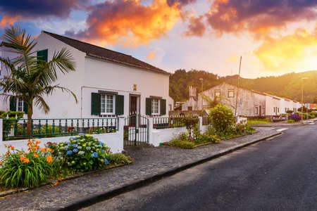 Traditional houses, Sete Cidades, Sao Miguel Island, Azores. Beautiful view of Sete Cidades village in Sao Miguel Island, Azores, Portugal.の写真素材