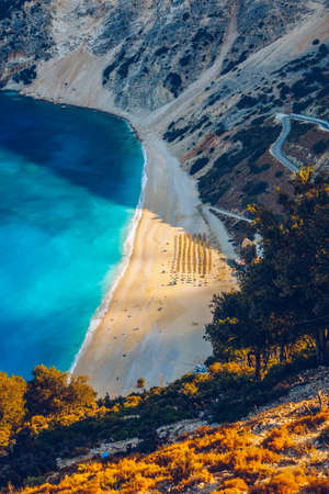 Famous Myrtos beach from overlook, Kefalonia (Cephalonia), Greece. Myrtos beach, Kefalonia island, Greece. Beautiful view of Myrtos beach, Ionian Island, Kefalonia (Cephalonia), Greece.の写真素材