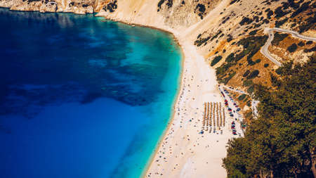 Famous Myrtos beach from overlook, Kefalonia (Cephalonia), Greece. Myrtos beach, Kefalonia island,...