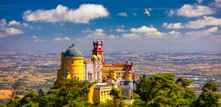 Palace of Pena in Sintra. Lisbon, Portugal. Travel Europe, holidays in Portugal. Panoramic View Of Pena Palace, Sintra, Portugal. Pena National Palace, Sintra, Portugal.のeditorial素材