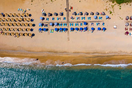 Skala Beach view from above, Cephalonia, Greece. Skala famous beach in Kefalonia island, Greece. Beeautiful Skala beach, Kefalonia island, Ionian sea, Greece.の写真素材