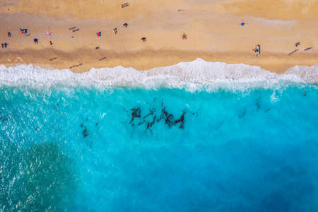 Aerial drone view of iconic turquoise and sapphire bay and beach of Myrtos, Kefalonia (Cephalonia) island, Ionian, Greece. Myrtos beach, Kefalonia island, Greece. Beautiful view of Myrtos beach.の写真素材