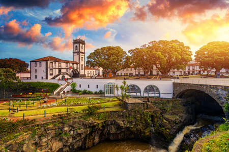 Panoramic cityscape view to Municipality and central square Of Ribeira Grande, Sao Miguel, Azores,...