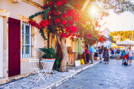 Fiskardo village, Kefalonia island, Greece. Fiscardo on the Island of Kefalonia in Greece. The holiday destination. Beautiful narrow streets in Fiskardo, Kefalonia, Greeceの写真素材