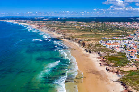 Campismo beach and Dunas beach and Island Baleal near Peniche on the shore of the Atlantic ocean in west coast of Portugal. Beautiful Baleal beach at Baleal peninsula close to Peniche, Portugal.の写真素材