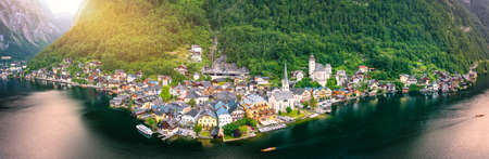 Aerial view of austrian mountain village Hallstatt and Hallstatter lake. Beautiful summer time. Salzkammergut, Austria. Hallstatt village over Hallstatter See, in Salzkammergut, Austria.の写真素材