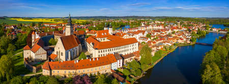 Aerial landscape of small Czech town of Telc with famous Main Square (UNESCO World Heritage Site). Aerial panorama of old town Telc, Southern Moravia, Czechia. Historic centre of Telc, Czech Republic.のeditorial素材