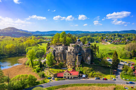 Aerial view of Sloup Castle in Northern Bohemia, Czechia. Sloup rock castle in the small town of Sloup v Cechach, in the Liberec Region, north Bohemia, Czech Republic.のeditorial素材