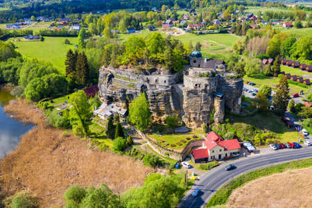 Aerial view of Sloup Castle in Northern Bohemia, Czechia. Sloup rock castle in the small town of Sloup v Cechach, in the Liberec Region, north Bohemia, Czech Republic.のeditorial素材
