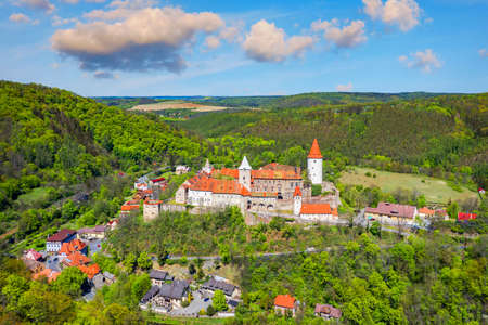 Aerial view of castle Krivoklat in Czech republic, Europe. Famous Czech medieval castle of Krivoklat, central Czech Republic. Krivoklat castle, medieval royal castle in Central Bohemia, Czechia.のeditorial素材