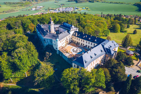 Top view of medieval castle Zbiroh. Czech Republic. Picturesque landscape with imposing medieval Zbiroh Castle in Rokycany district, Pilsen Region, Czechia.のeditorial素材