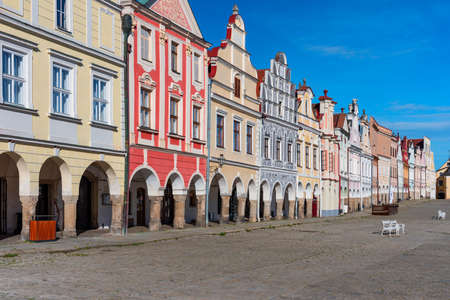 Czech town of Telc with famous Main Square. Facade of houses on town of Telc, Southern Moravia, Czechia. Historic centre of Telc, Czech Republic.の写真素材