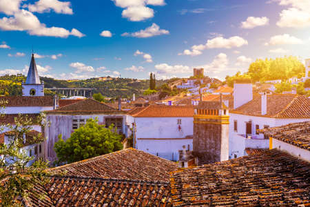 Obidos, Portugal stonewalled city with medieval fortress, historic walled town of Obidos, near...