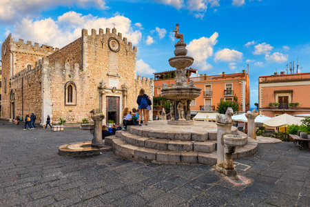 Front view of Cathedral of St Nicholas of Bari in Taormina city on Sicily Island. Cathedral of Taormina (Duomo di Taormina/Duomo di San Nicolo di Bari), Taormina, Sicily, Italy.のeditorial素材