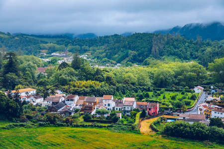 View of Furnas Village in SÃ£o Miguel Island, Azores, Portugal. View of Furnas a famous village for hotsprings geothermal in SÃ£o Miguel Island Azores Portugal.の写真素材