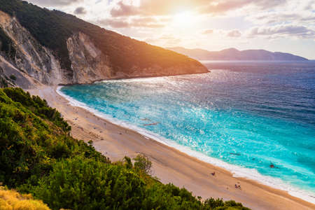 Aerial drone view of iconic turquoise and sapphire bay and beach of Myrtos, Kefalonia (Cephalonia) island, Ionian, Greece. Myrtos beach, Kefalonia island, Greece. Beautiful view of Myrtos beach.の写真素材