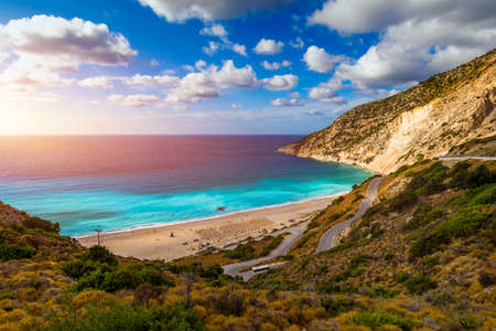 Famous Myrtos beach from overlook, Kefalonia (Cephalonia), Greece. Myrtos beach, Kefalonia island,...