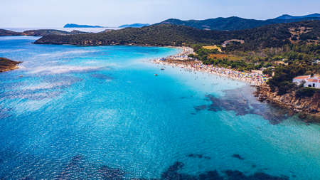 Aerial shot of Tuerredda beach on a beautiful day, Sardinia, Italy. Aerial drone view of Tuerredda in Sardegna. Famous Tuerredda beach on the south of Sardinia near Teulada. Sardinia, Italy.の写真素材